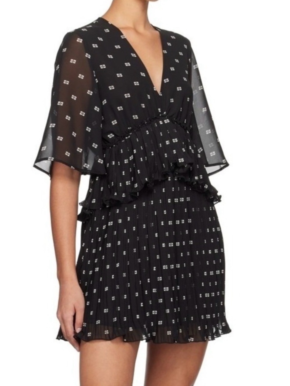 Ganni Black Printed V-Neck Ruffled Mini Dress